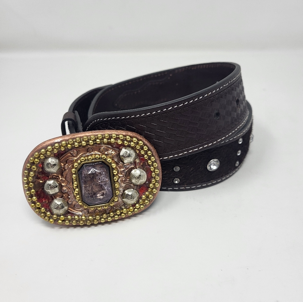 Western Cowgirl Bling Rhinestone Cowhair Leather Tabs Belt Size Small